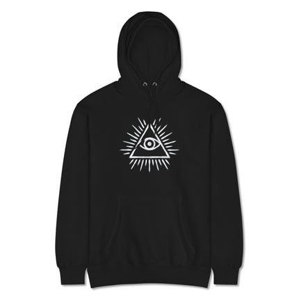 Black pullover hoodie featuring the Eye of Providence all seeing eye pyramid symbol print.