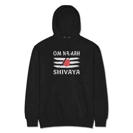Om Namah Shivaya Tripundra hoodie featuring Shiva devotional mantra on a unisex pullover.
