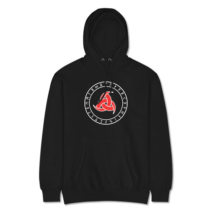 Viking hoodie featuring Odin's horns and intricate Norse runes graphic design.