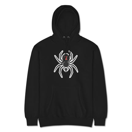 Black pullover hoodie featuring a gothic black widow spider graphic print design.