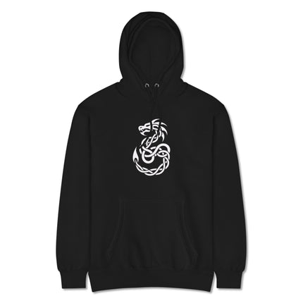 Celtic dragon knotwork pattern printed on a unisex pullover hoodie featuring mystical graphics.