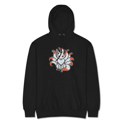 Nine-tailed kitsune fox graphic on a pullover hoodie featuring Japanese mythology art.