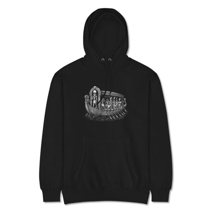 Egyptian solar barge hoodie featuring ancient Ra boat mythology design print.
