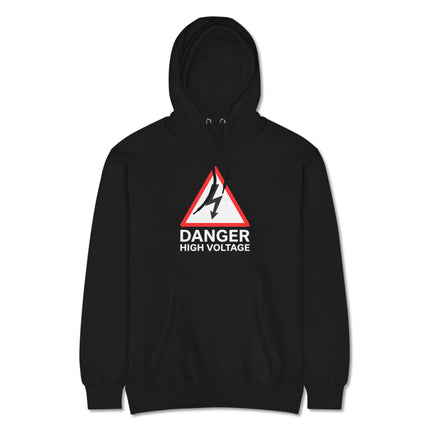 High voltage danger warning sign hoodie featuring electrical safety graphic pullover.