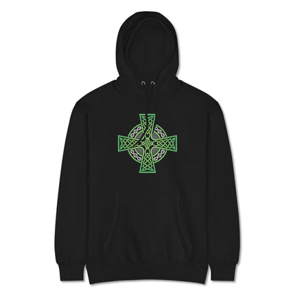 Green hoodie displaying a traditional Celtic cross knotwork design for Irish pride.