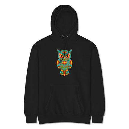 Vibrant Mexican Huichol owl graphic on a pullover fleece hoodie with tribal folk art design.