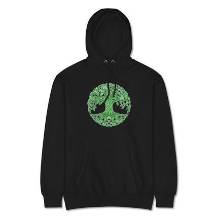 Celtic Tree of Life knotwork pullover fleece hoodie in vibrant Irish green.