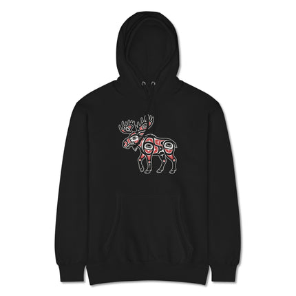 Tribal moose graphic hoodie featuring Northwest Coast indigenous artwork print on a fleece pullover.