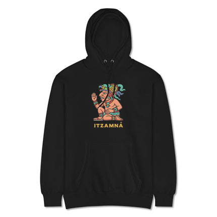 Itzamná Mayan god graphic hoodie featuring ancient mythology art print on a pullover.