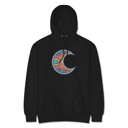 Huichol Moon Hoodie featuring vibrant indigenous art and a detailed crescent design print.