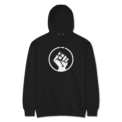 Black pullover hoodie featuring socialist raised fist protest activist symbol graphic.