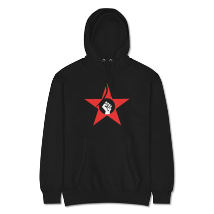 Socialist fist and red star graphic on a red pullover protest hoodie.