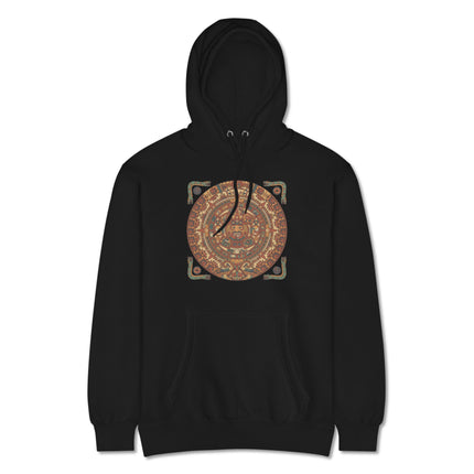 Mayan Calendar pattern graphic featuring ancient Maya symbols printed on a pullover hoodie.