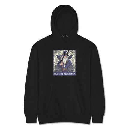 Allfather Odin Norse hoodie featuring wolves, ravens, and runic symbols design.