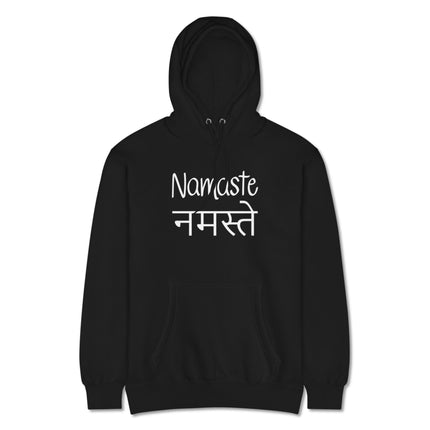 Namaste yoga hoodie featuring English and Hindi spiritual greeting text pullover.
