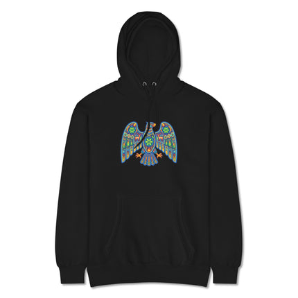 Vibrant Huichol eagle art pullover hoodie featuring colorful indigenous Mexican design print.
