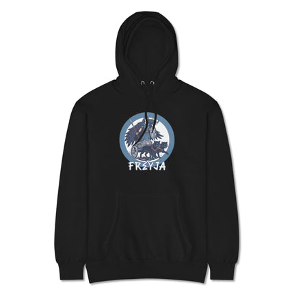 Freyja Norse goddess hoodie featuring a Viking mythology cat chariot graphic design.