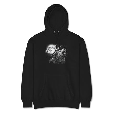 Night sky howling wolf full moon graphic pullover hoodie design.