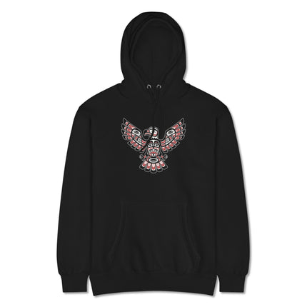 Indigenous eagle art pullover hoodie, featuring Pacific Northwest Native American style design.