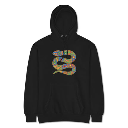 Colorful Huichol Naaye snake design on a pullover hoodie featuring vibrant indigenous Mexican folk art.