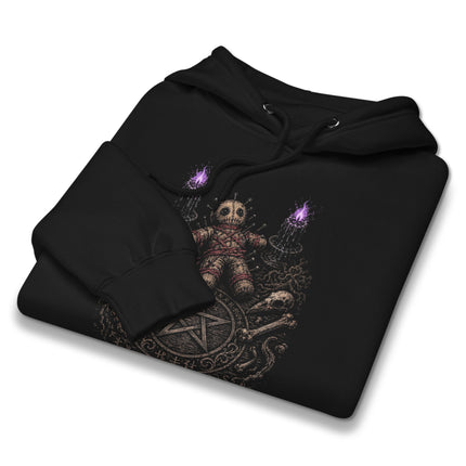 Dark magic occult hoodie featuring a gothic doll, ritual table, and detailed pentagram print design.