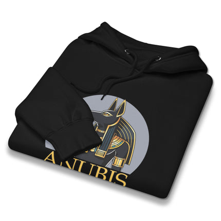 Anubis graphic hoodie featuring ancient Egyptian god artwork and text print on unisex fleece pullover.