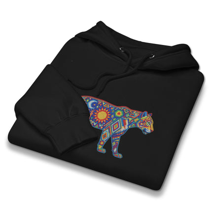 Colorful Huichol jaguar graphic hoodie featuring vibrant indigenous folk art design on fleece pullover.