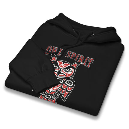 Red and black indigenous owl spirit art hoodie with Pacific Northwest tribal design print.