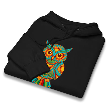 Vibrant Huichol owl graphic hoodie featuring colorful Mexican tribal folk art patterns on fleece pullover.