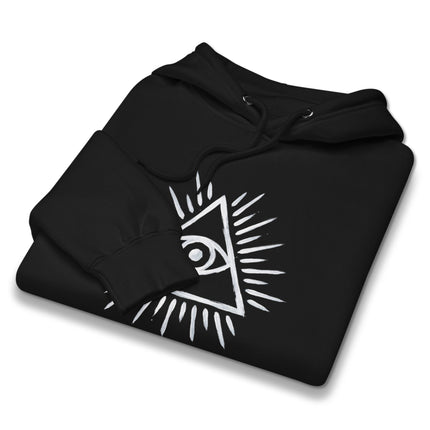 Eye of Providence and pyramid symbol graphic on black pullover hoodie.