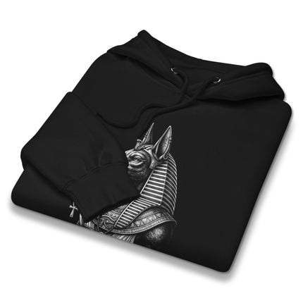 Anubis Egyptian jackal god design pullover hoodie featuring ancient mythology print.