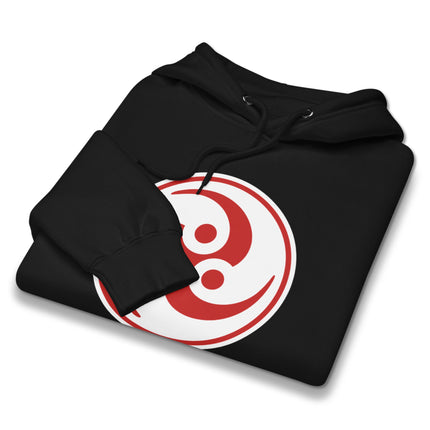 Black pullover hoodie featuring the Tomoe and Mitsudomoe Japanese Shinto symbol design.