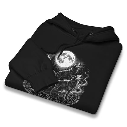 Graphic hoodie featuring wolves howling at a full moon design.