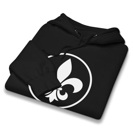 Classic pullover hoodie featuring a detailed Fleur De Lis French royal symbol design.