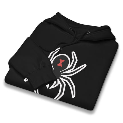 Black Widow spider graphic pullover hoodie. Unisex gothic print fleece sweatshirt.