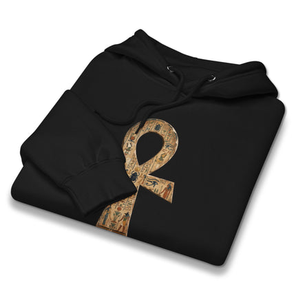 Pullover hoodie featuring the ancient Egyptian ankh key of life symbol and hieroglyphs.