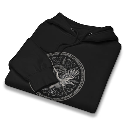 Norse Viking raven graphic print pullover hoodie featuring a flying bird design.