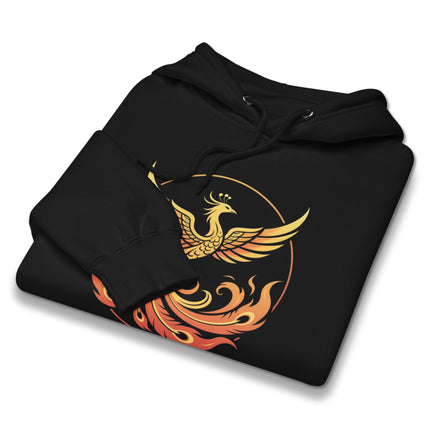 Graphic hoodie featuring a mythological phoenix rising dramatically from intense flames.