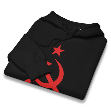 Communist hammer and sickle red star logo printed on fleece pullover hoodie.
