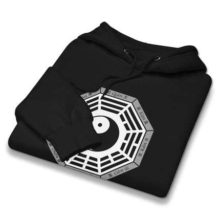 Bagua Yin Yang I Ching trigrams graphic print hoodie featuring ancient Chinese symbols.