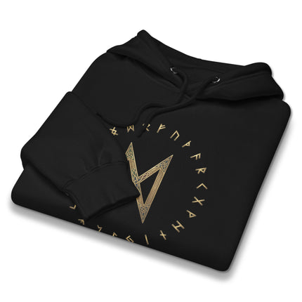 Dagaz rune hoodie featuring Norse mythology symbols from the Elder Futhark.