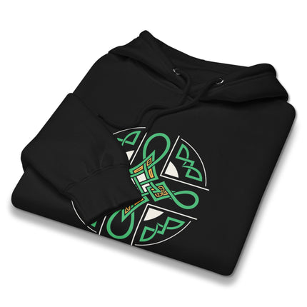 Green and gold Celtic Cross pullover hoodie featuring intricate Irish knotwork design.