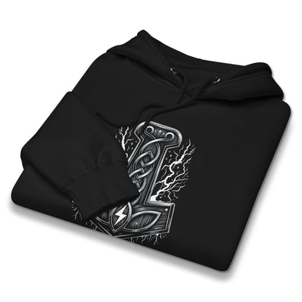 Norse Viking Mjolnir hammer hoodie pullover featuring a dramatic lightning and heathen graphic print.