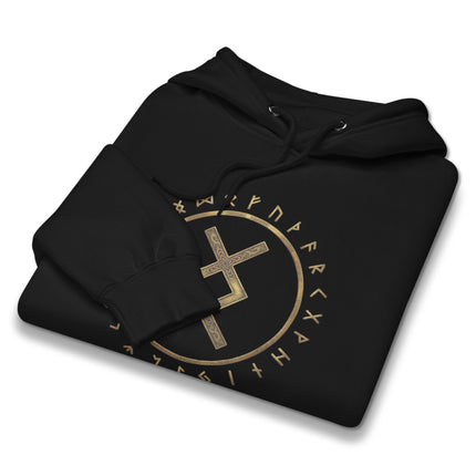 Norse Viking hoodie featuring Inguz Rune and Futhark Circle graphic print on fleece pullover.