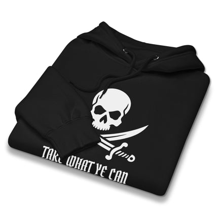 Jolly Roger skull and sabers pirate hoodie featuring the "Take What Ye Can" quote.