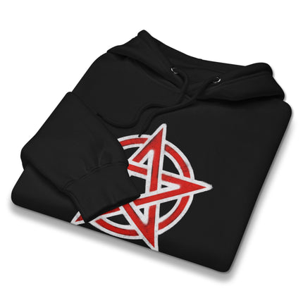 Black hoodie featuring a bold red pentacle symbol occult graphic print.