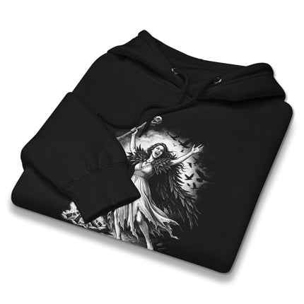 The Morrigan goddess celtic knot hoodie featuring ravens and lunar mythology motifs.