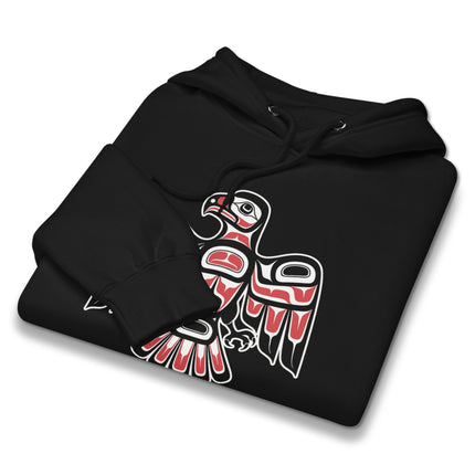 Tribal hawk design hoodie featuring Northwest Coast indigenous symbolism on fleece pullover.