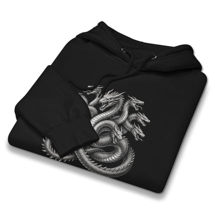 Multi-headed Hydra dragon graphic on a unisex Greek mythology hoodie pullover.