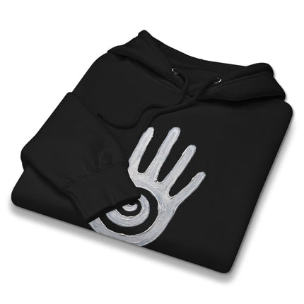 Hopi Healing Hand symbol and spiral motif printed on a pullover hoodie featuring Native American art.